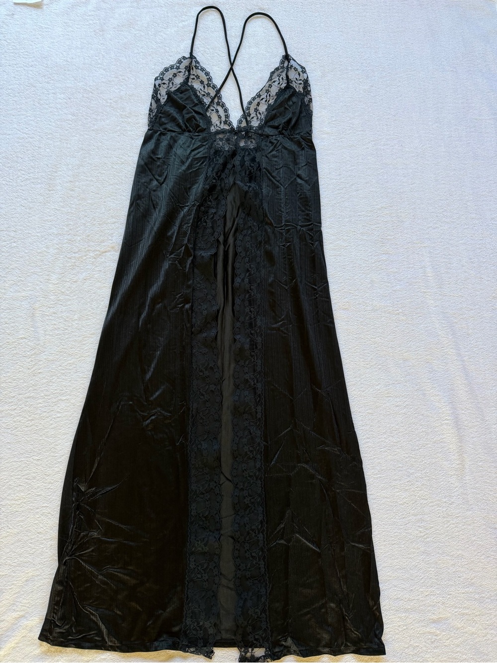 Vintage Black Lace Satin Lingerie Negligee Night Dress Duster, Women's Small
